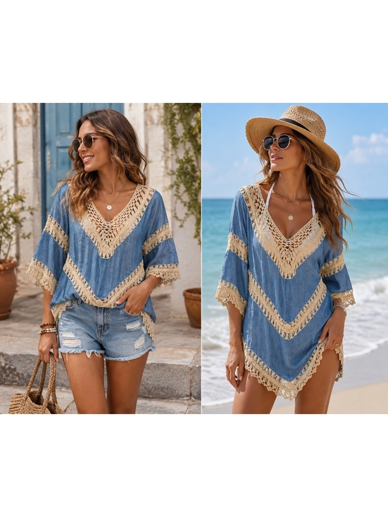 Umgee Tops - UMGEE Boho Macrame Lace Crochet Chevron Gauze Tunic Top Blue Tan Size Large EUC